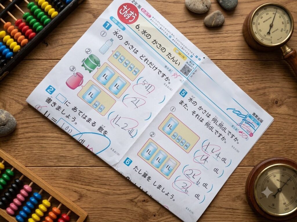 【小2算数】「水のかさ」でつまずいても大丈夫!95点をつかんだ我が家の声かけと家庭学習のコツ